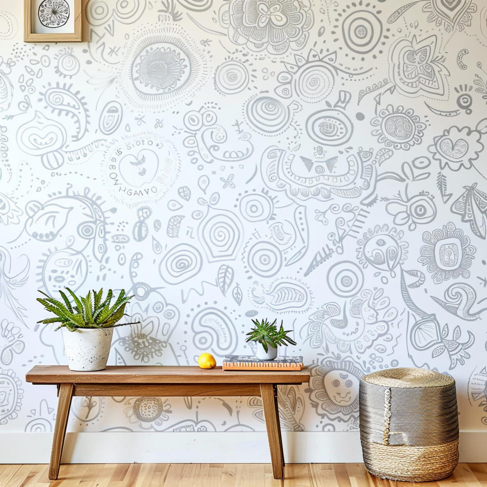 des motifs dessinés en noir et blanc sur le mur, derrière un petit guéridon de style scandinave