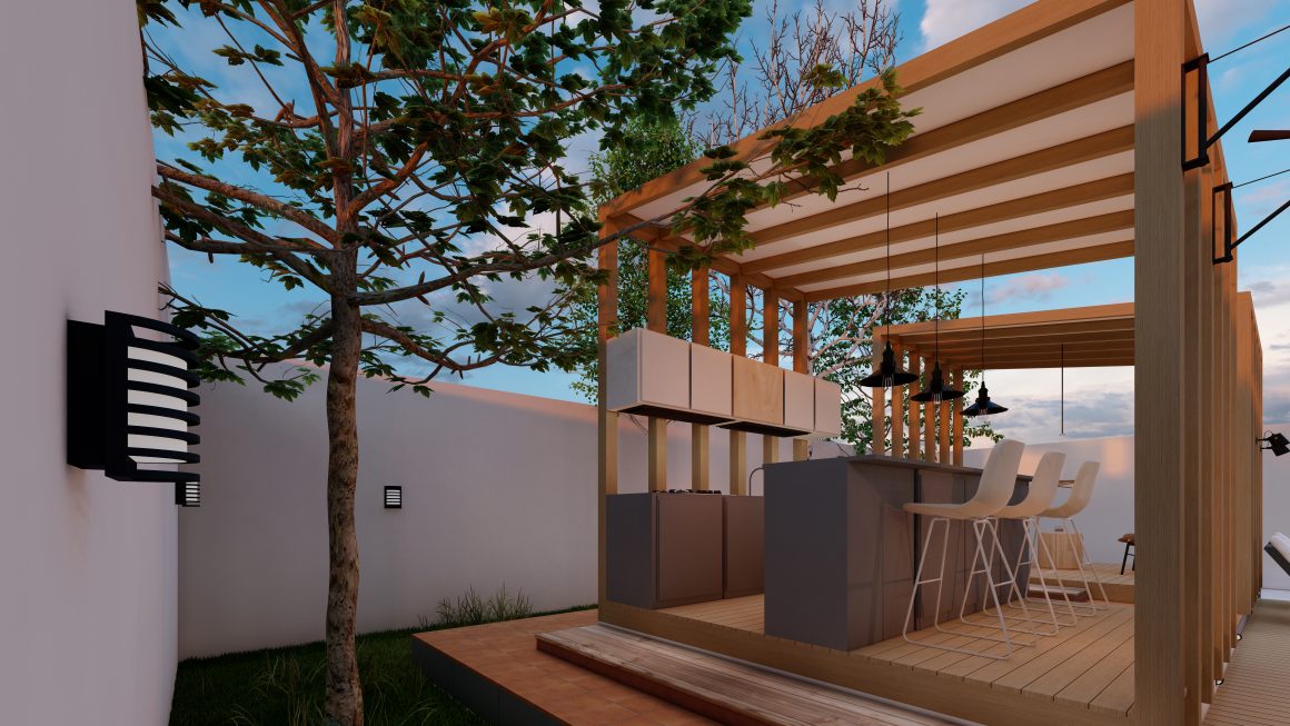 Terrasse incluant bar gris, tabourets et pergola en bois clair avec lames filtrant la lumière, créant un ombrage doux et tamisé.