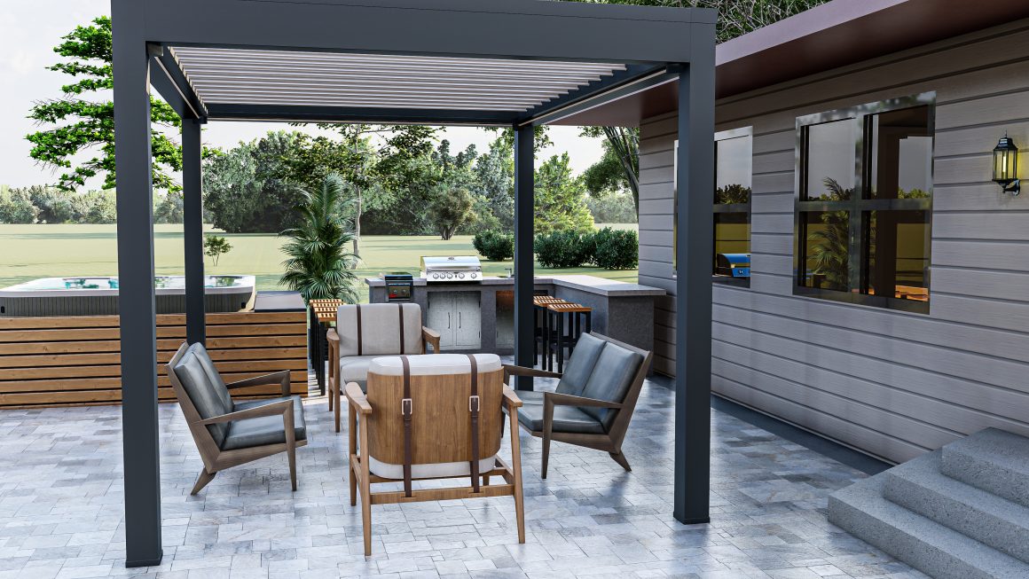 Terrasse moderne avec pergola sombre, salon en bois et cuir et un coin barbecue