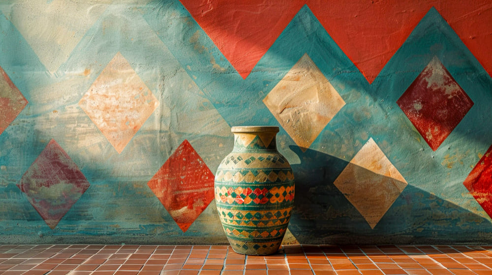 du papier peint à la main, orné de losanges rouges, bleus et verts, avec un vase artisanal devant