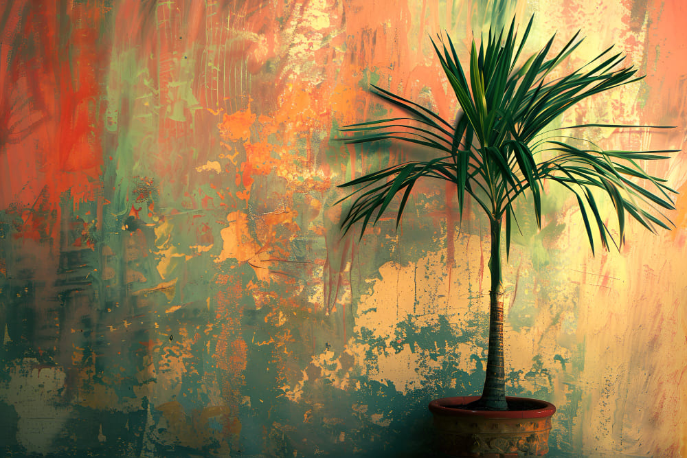 du papier peint aux couleurs chatoyantes qui rappellent la toile d'artistes peintres, avec une plante verte devant