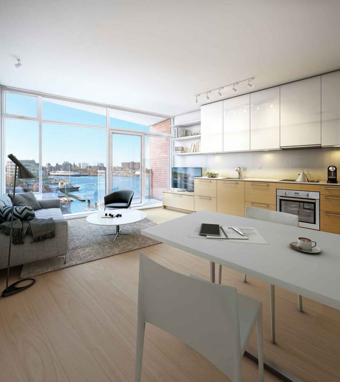 Cuisine et salon dans 20m2 avec table à manger et une décoration minimaliste