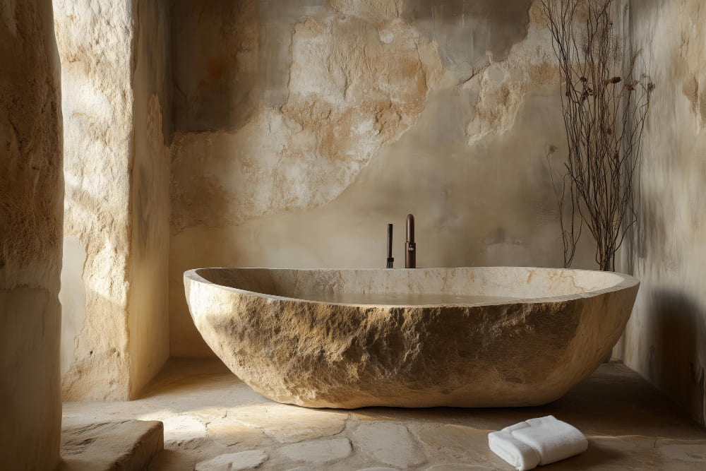 Une salle d'eau dans les tons pierre avec une baignoire en pierre au style minimaliste