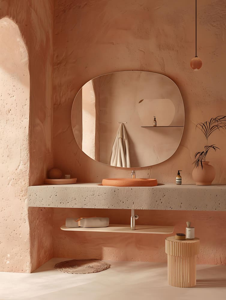 une salle de bains de style moderne, avec un miroir asymétrique et un mur terracotta