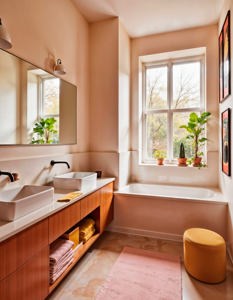 une salle de bains avec une grande baignoire sous la fenêtre, un pouf dans un coin et un meuble vasque en bois