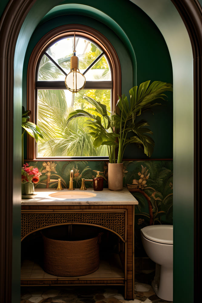 une salle de bains de style cottage avec une fenêtre en arrondi, et un lavabo en-dessous, avec les murs verts