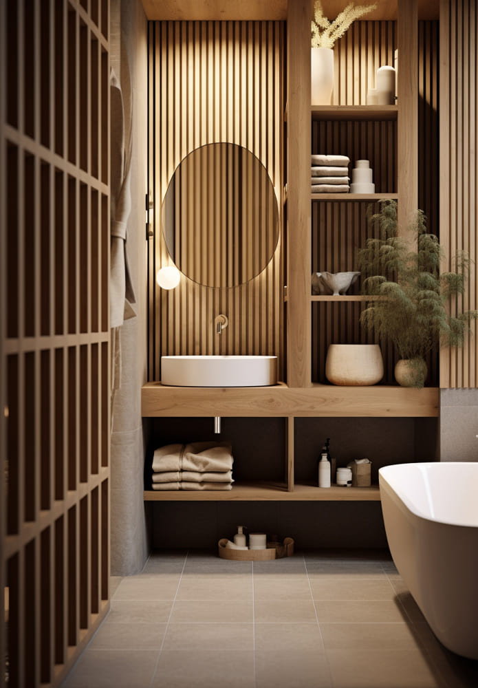 une salle d'eau très design avec une baignoire tendance et du bois pour le meuble sous vasque et les murs