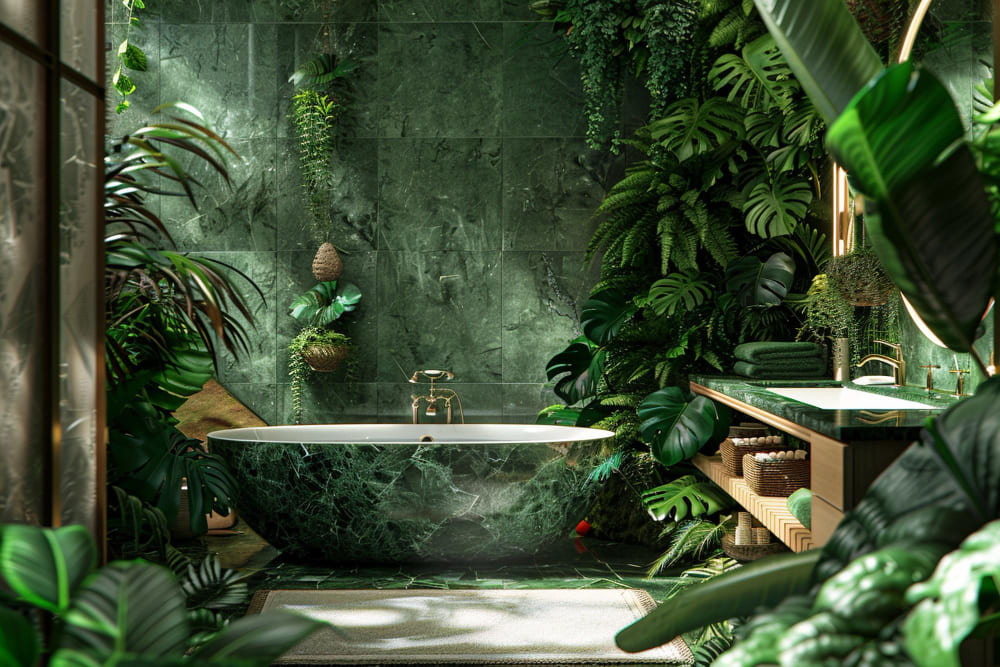 une salle de bains très végétalisée avec une baignoire, et du carrelage style pierre verte