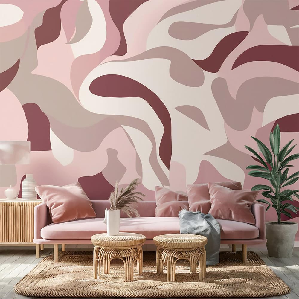 un salon moderne et vintage avec des motifs abstraits et une tapisserie dans les tons rose