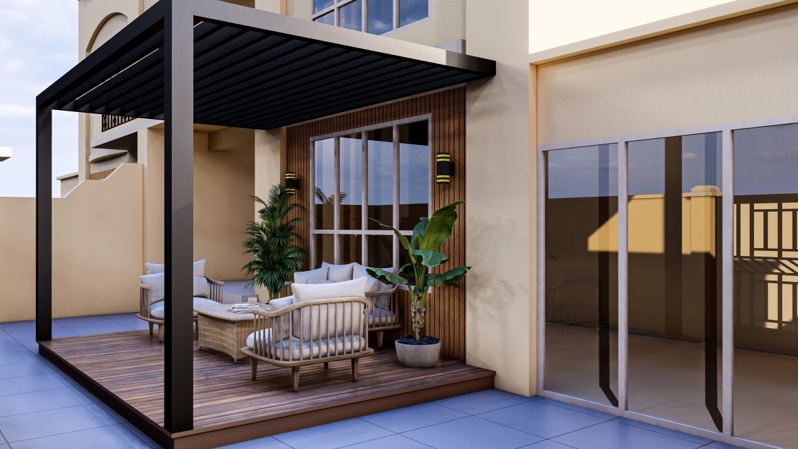 Terrasse incluant une pergola noire, un salon en rotin, des appliques murales et des plantes