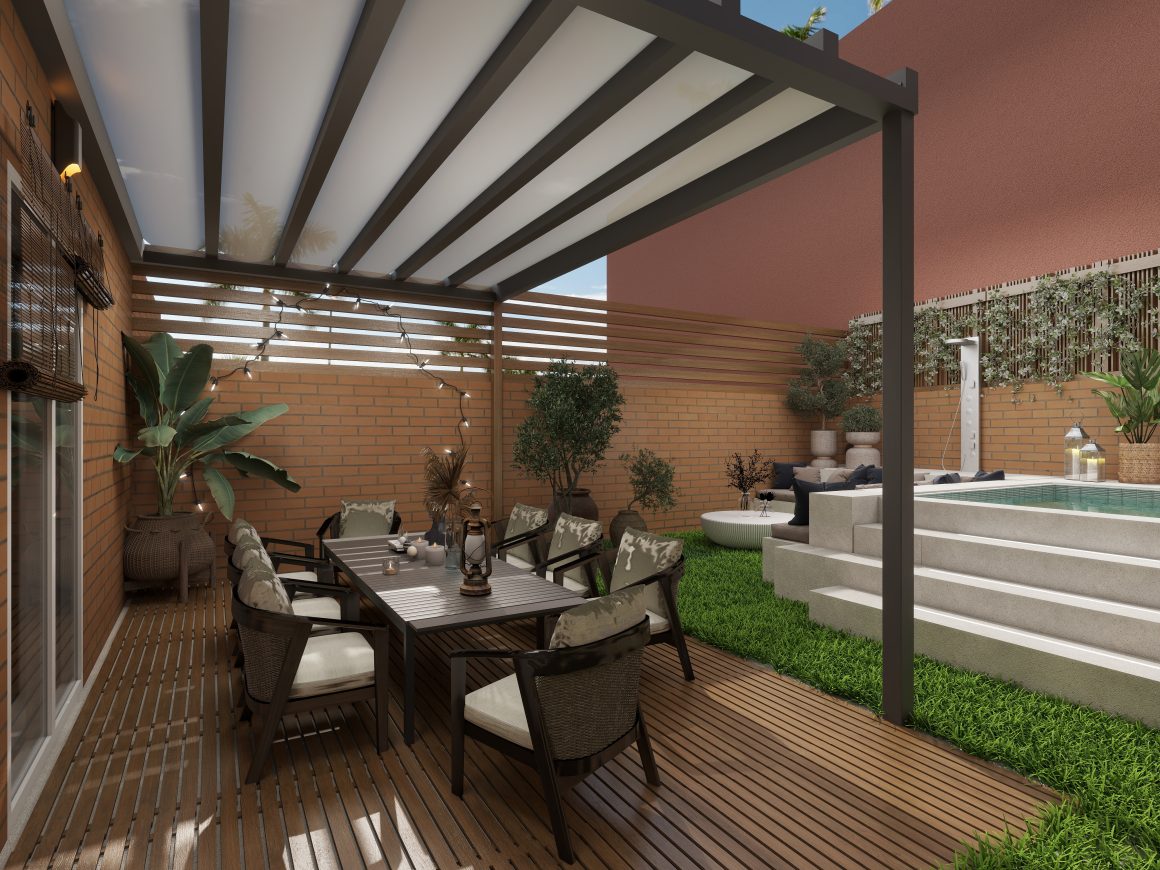 Espace extérieur avec pergola en métal gris, table et chaises, éclairage boiler et piscine