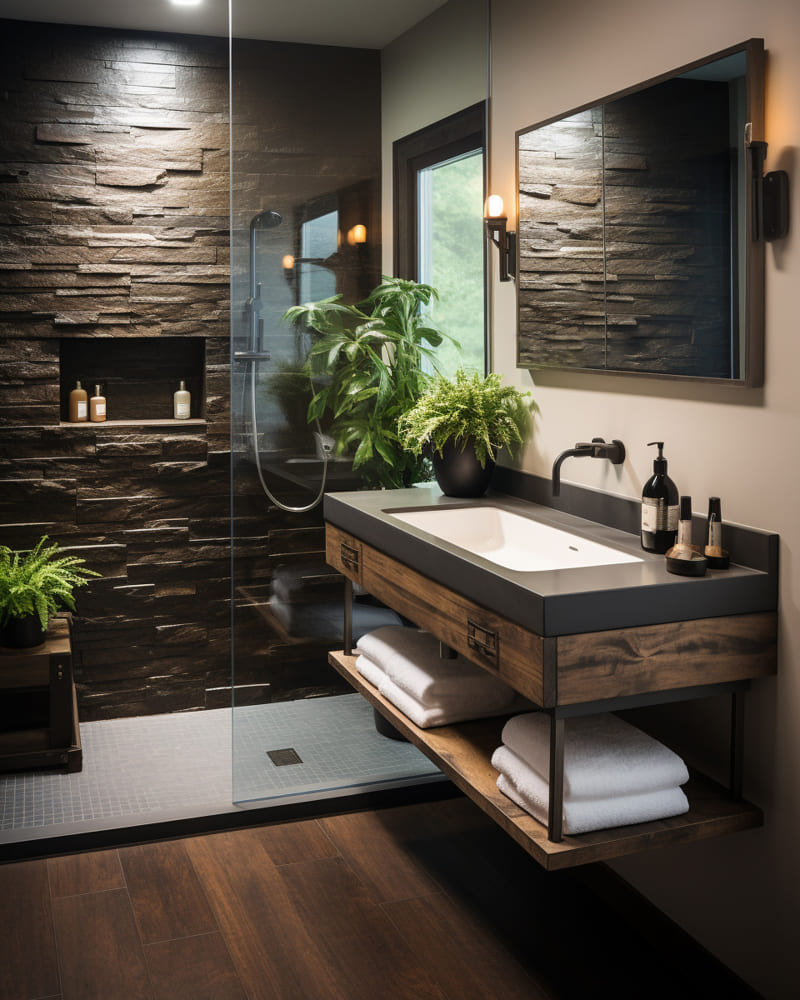 tendances salle de bain avec des matières naturelles et foncées, de la pierre dans la douche et un meuble vasque contemporain en bois