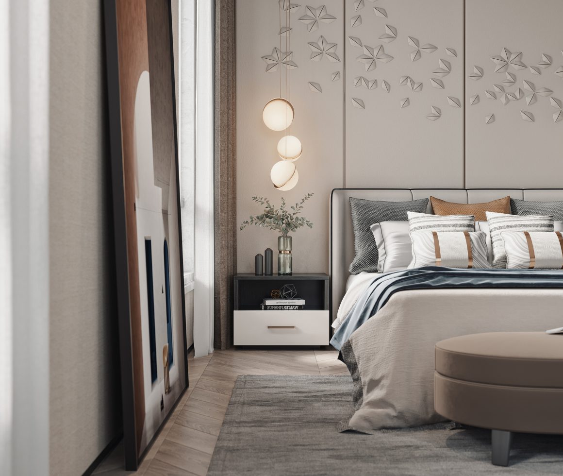 Décoration chambre luxe aux tons neutres avec tête de lit texturée, literie soignée, suspensions rondes et table de chevet minimaliste.