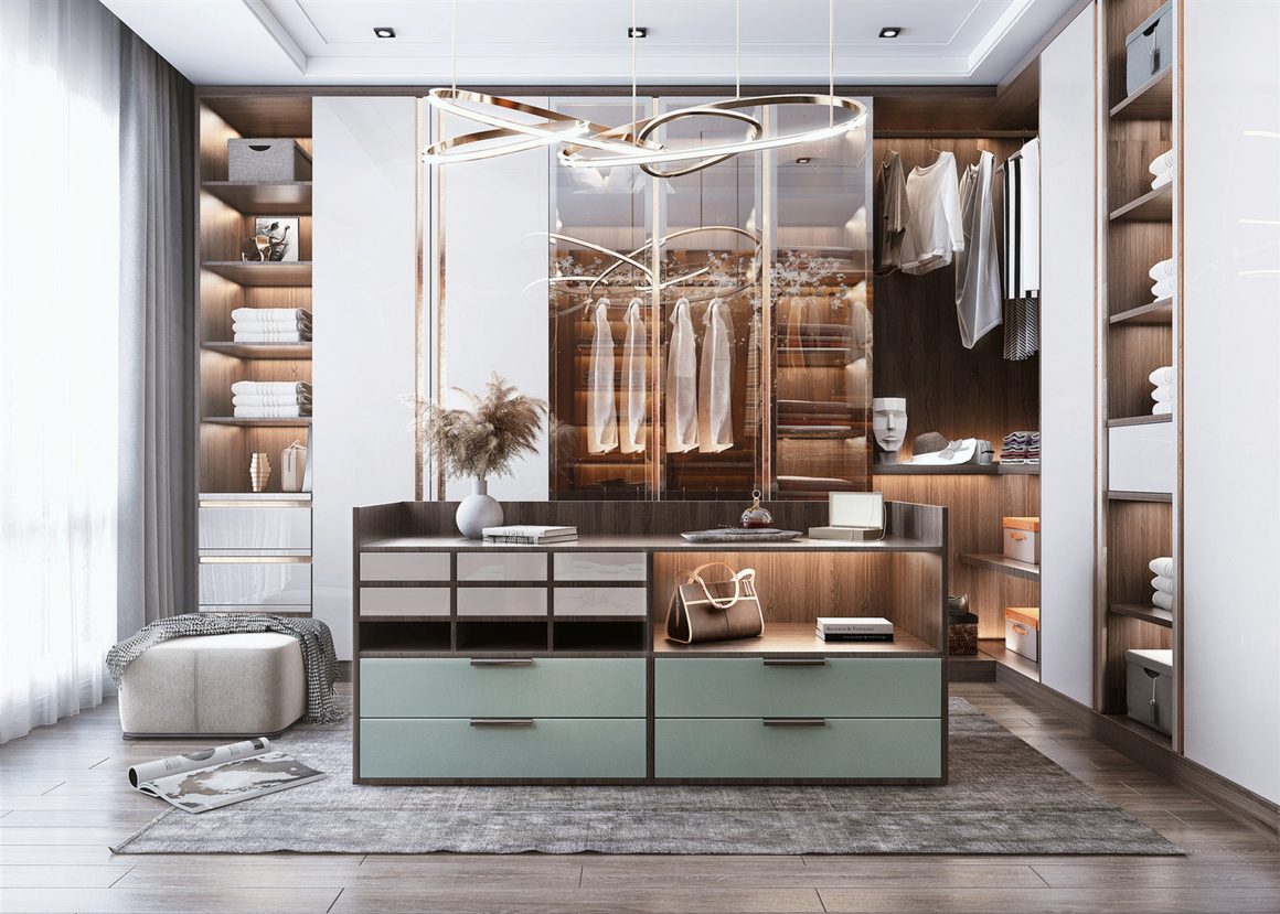 Aménagement dressing sur mesure en bois avec éclairage doux et îlot central vert pâle