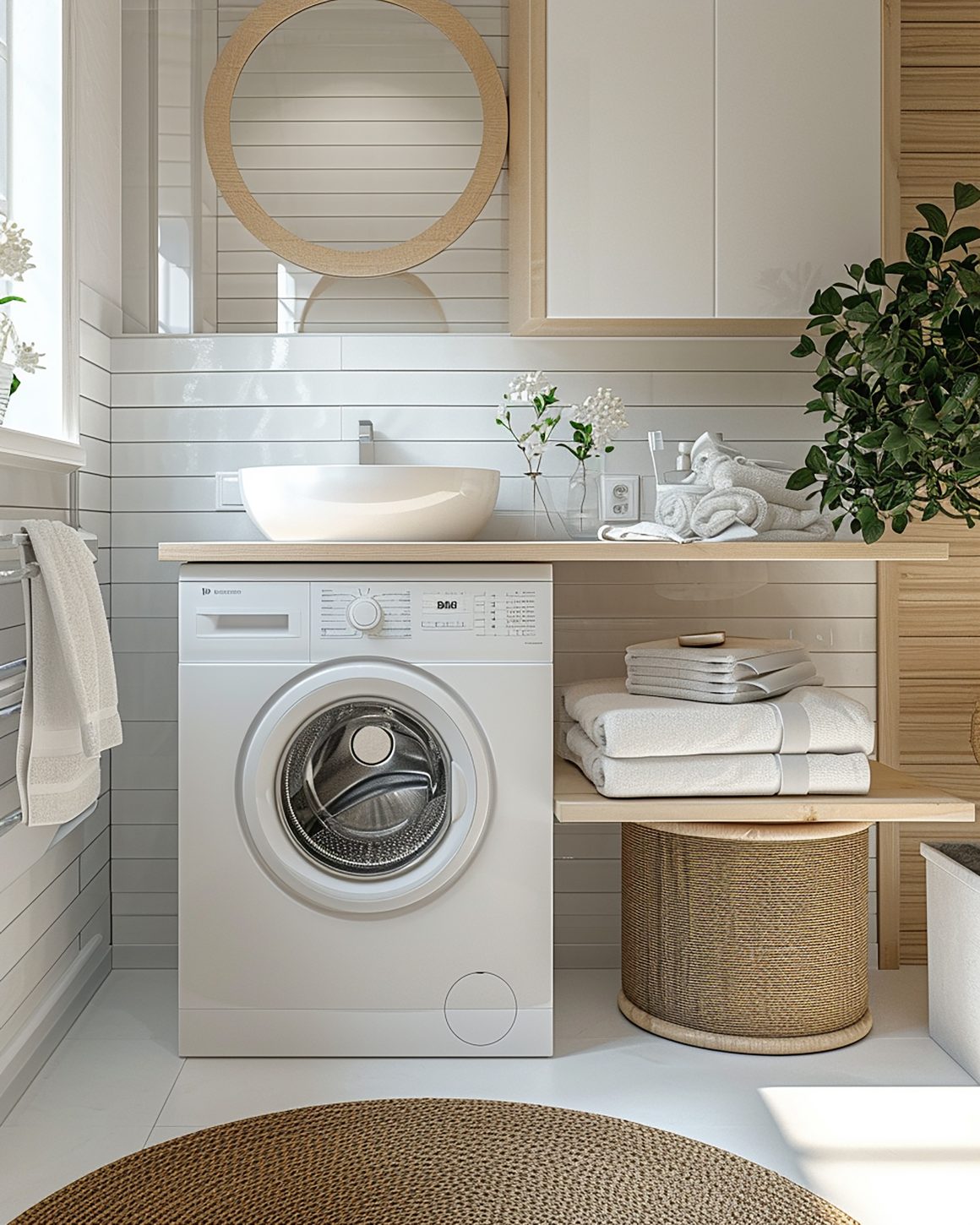 Aménagement d'un garage en buanderie incluant lave-linge, vasque sur plan bois, serviettes pliées et plantes