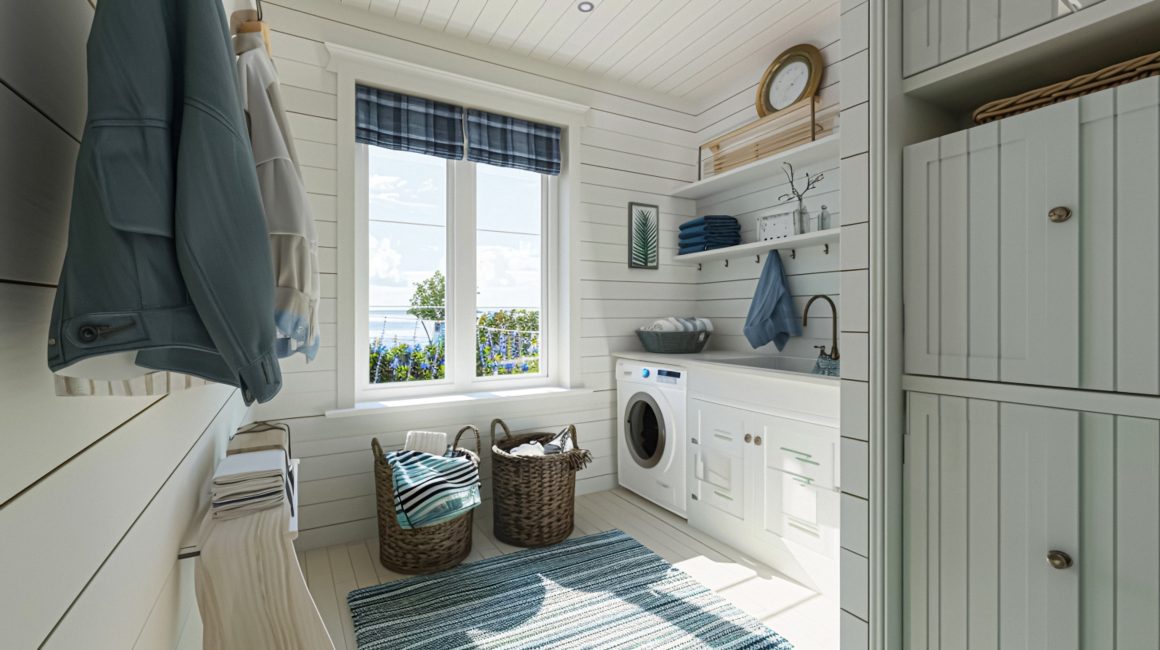 Aménagement garage en buanderie avec lave-linge, paniers en osier et rangements blancs