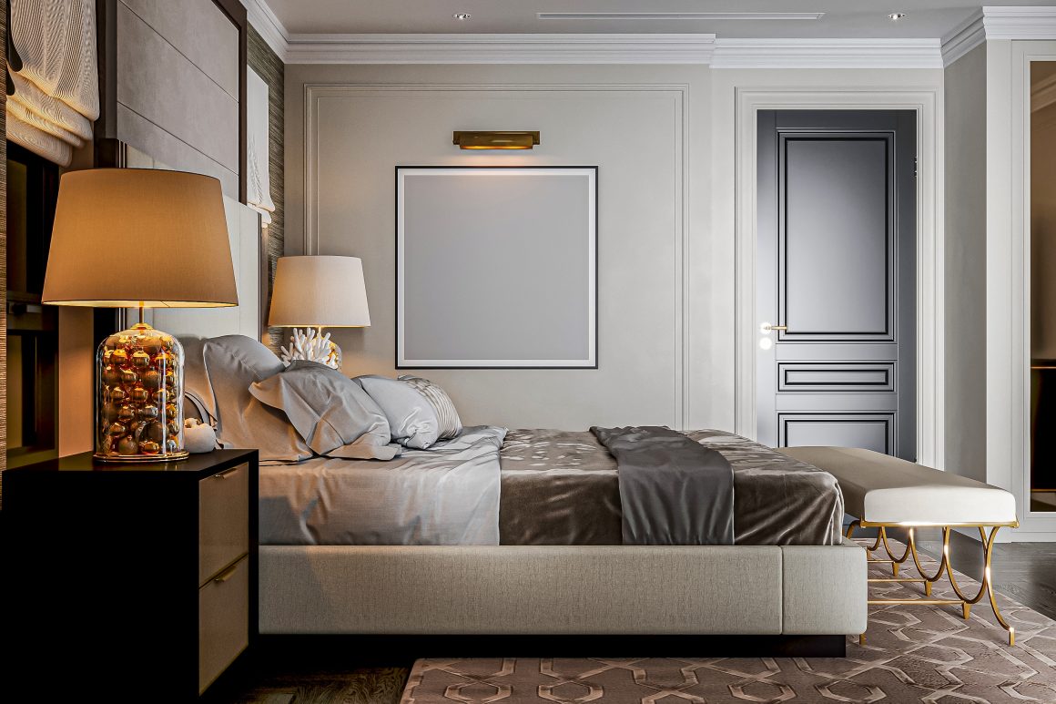Déco chambre luxueuse aux tons gris et beige avec lampes lumineuses, tableau abstrait et tapis