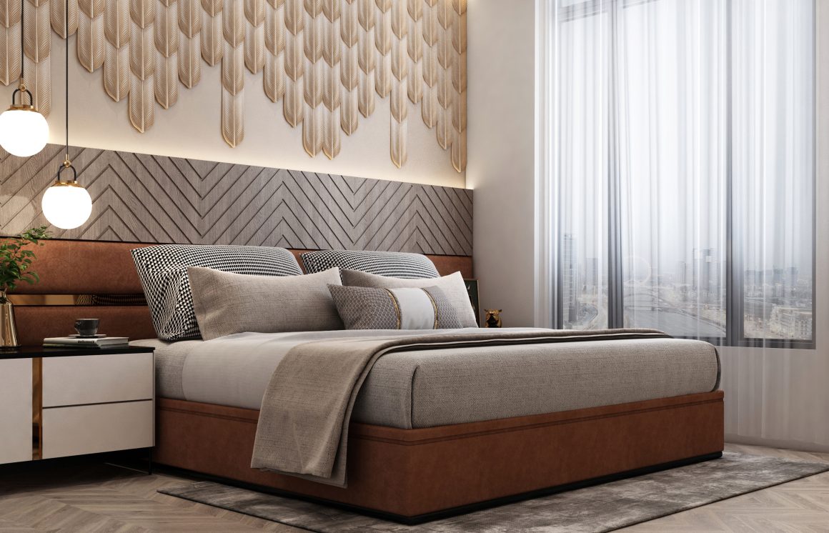 Chambre luxueuse et lumineuse avec lit king size, tissu gris clair et cognac, rideaux longs et suspensions