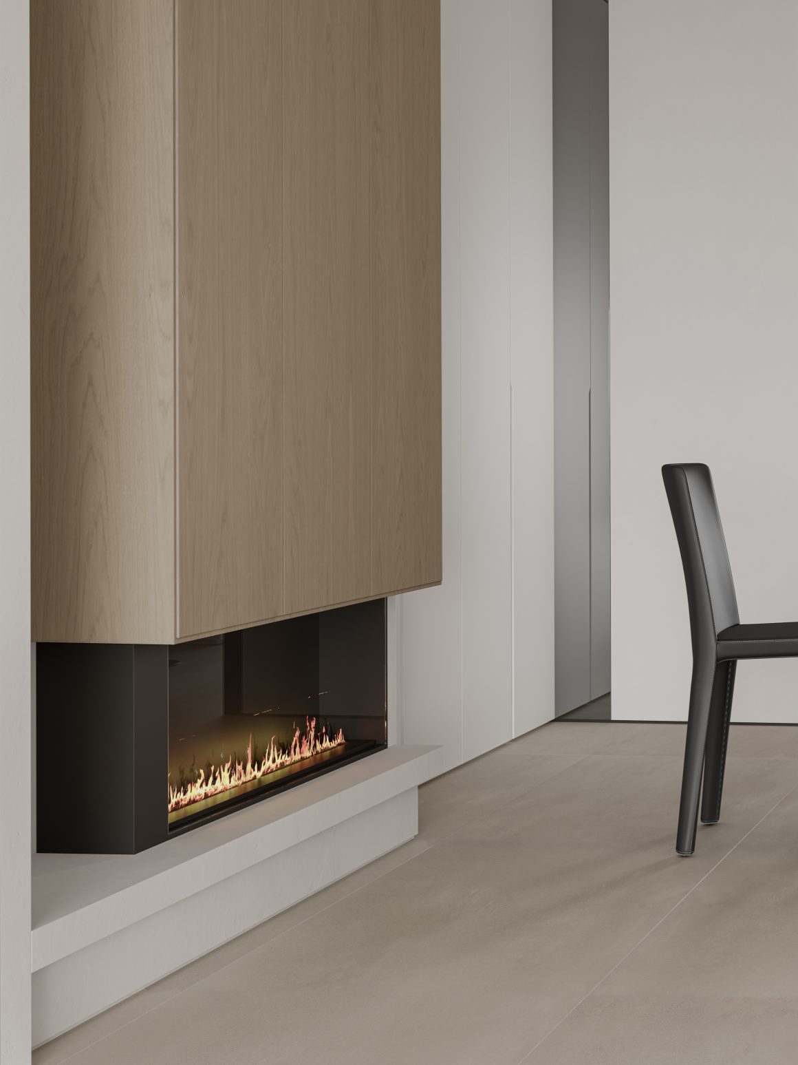 Cheminée linéaire moderne installée sous un meuble en bois clair