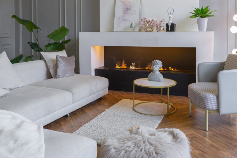 Salon cosy avec cheminée bio, canapés gris, table ronde dorée, plantes, tapis et objets décoratifs