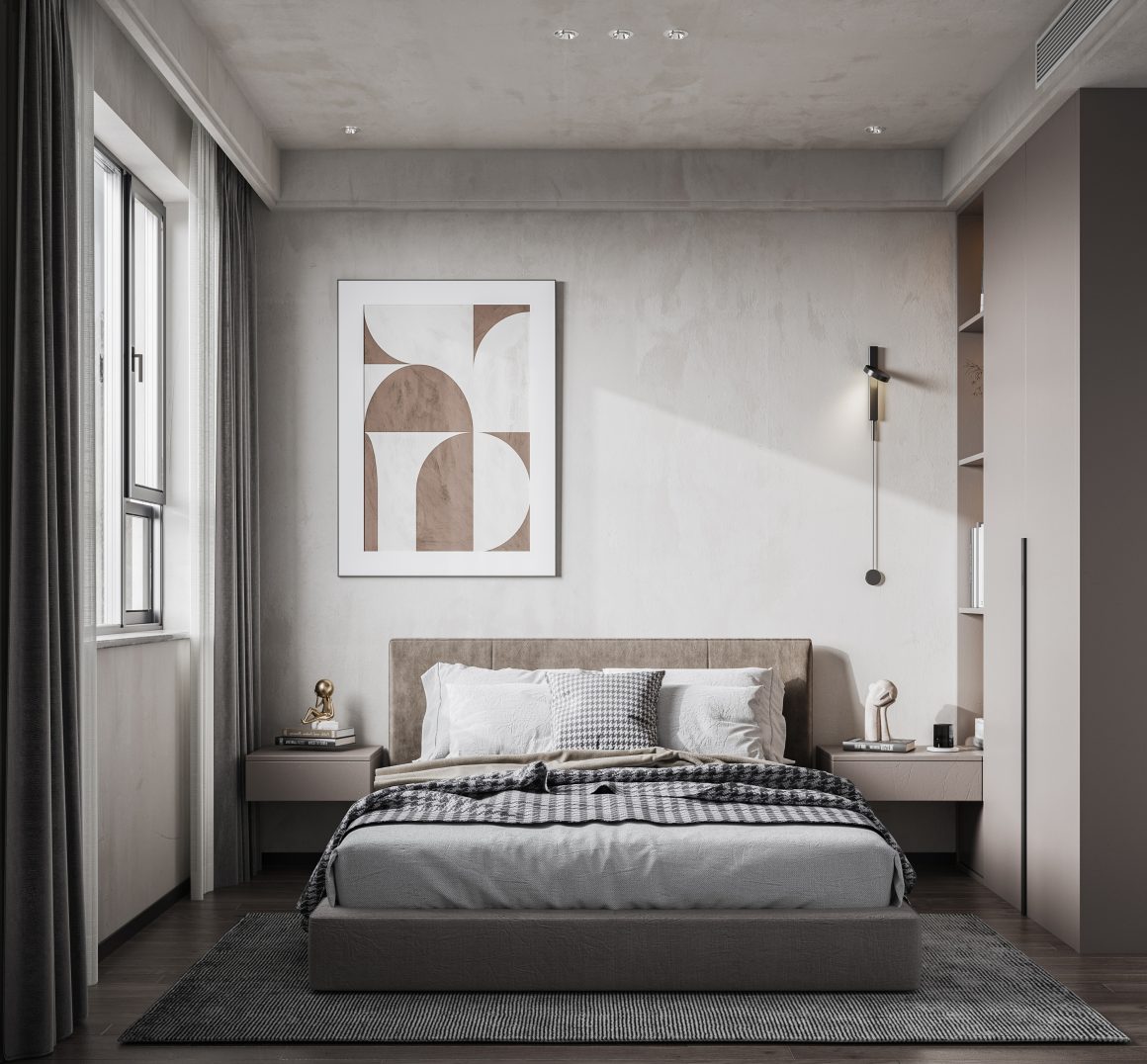 Chambre adulte aux tons neutres lit bas, éclairage discret, tableau, armoire et grand tapis