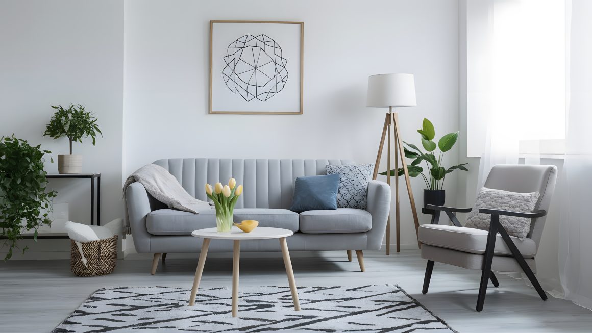 Salon lumineux aux tons gris et blancs avec canapé contemporain, fauteuil, table ronde, plantes et tapis