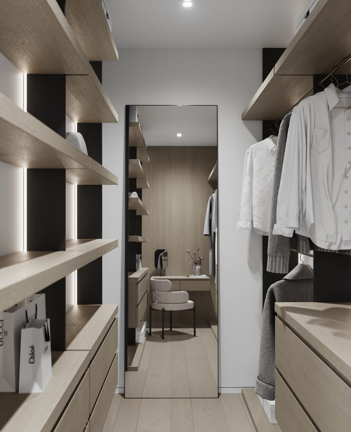 Dressing moderne en bois clair avec éclairage intégré, miroir plein longueur et vêtements.