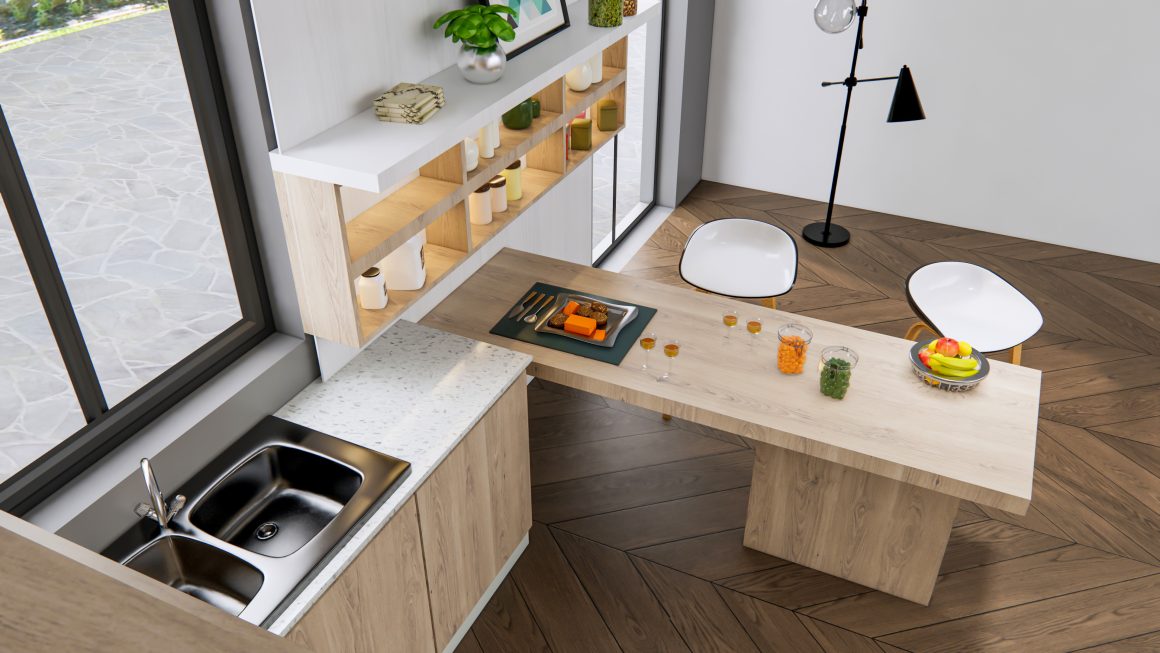 Cuisine aménagée avec évier double, ilot en bois, chaises blanches, placards et étagères ouvertes.
