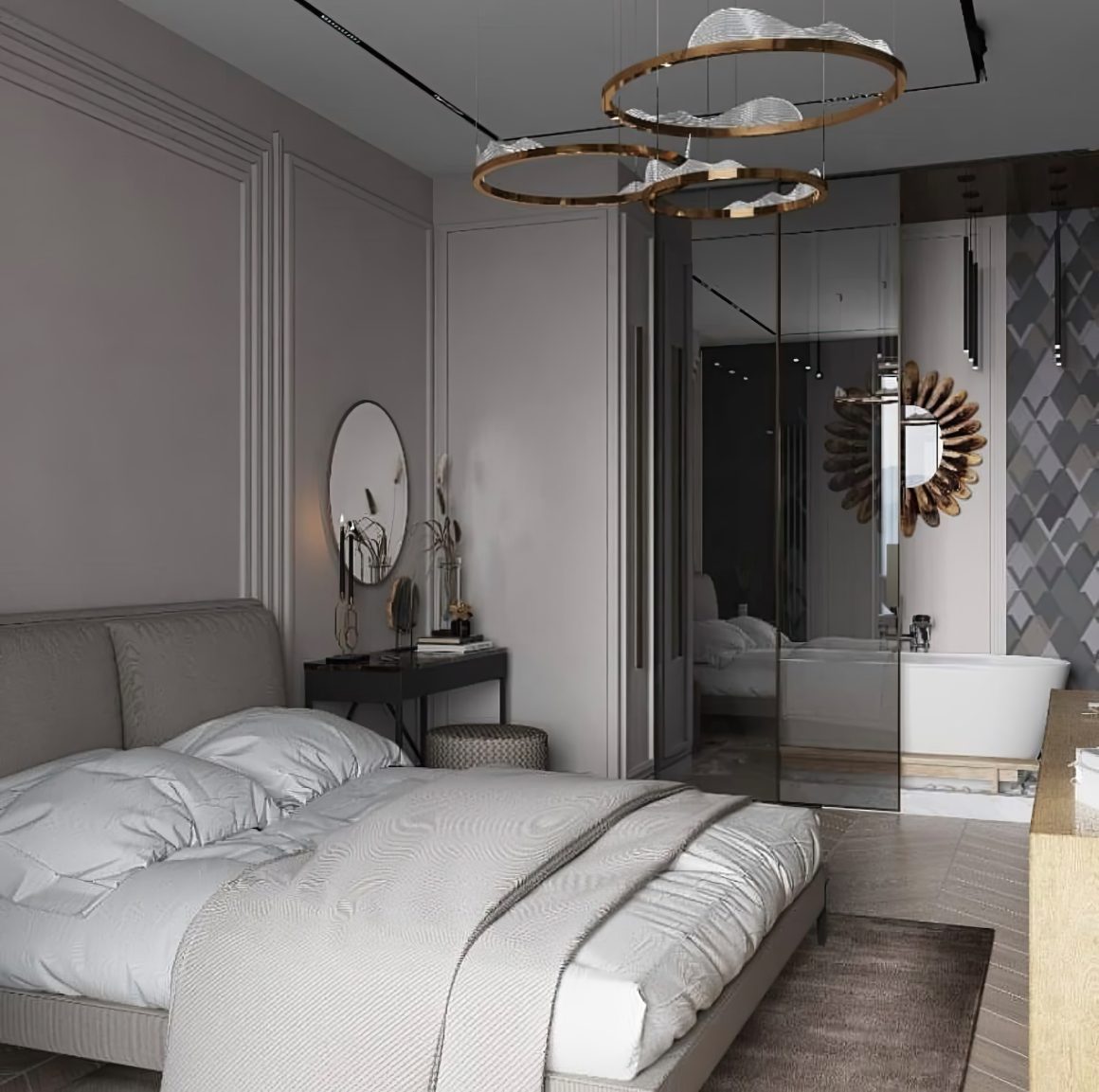 Chambre élégante aux tons neutres avec lit douillet, miroir rond, bureau minimal et luminaires dorés.