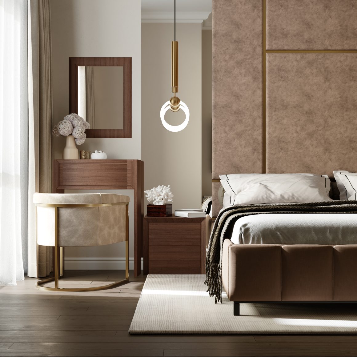 Chambre chaleureuse aux tons beiges avec mobilier en bois, suspension dorée et accessoires déco minimalistes