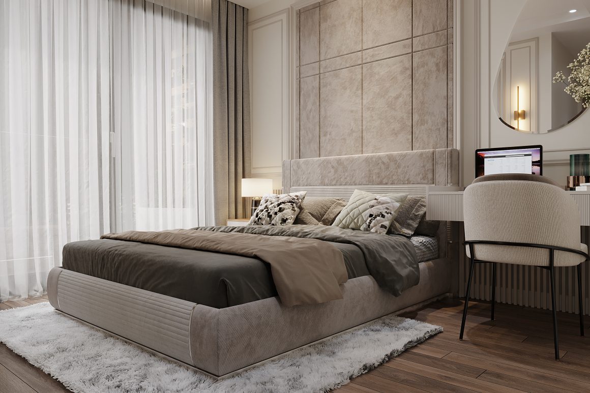 Chambre avec lit rectangulaire, rideaux transparents, tapis épais blanc, table de chevet, lampadaire, miroir et coiffeuse