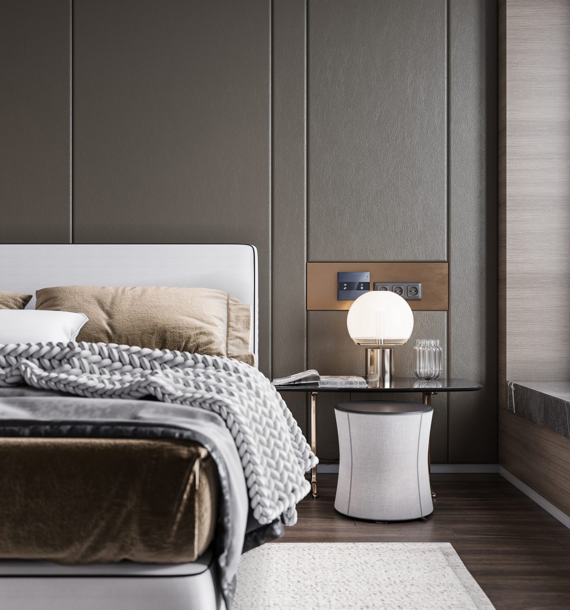 Chambre moderne avec palette neutre, lampe globe élégante, plaid tricoté, table d'appoint minimaliste