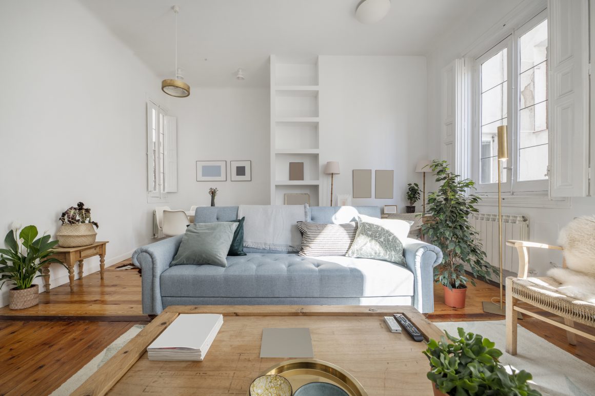 Salon lumineux avec canapé bleu, meubles en bois clair, plantes, étagères ouvertes et lampadaires