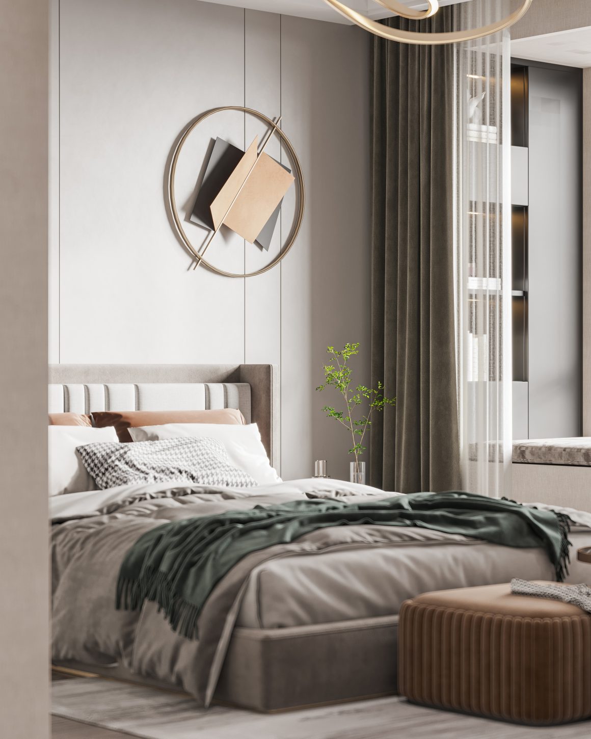 Un chambre élégante et apaisante qui inclut lit moelleux, draps taupe, couverture vert émeraude et plantes