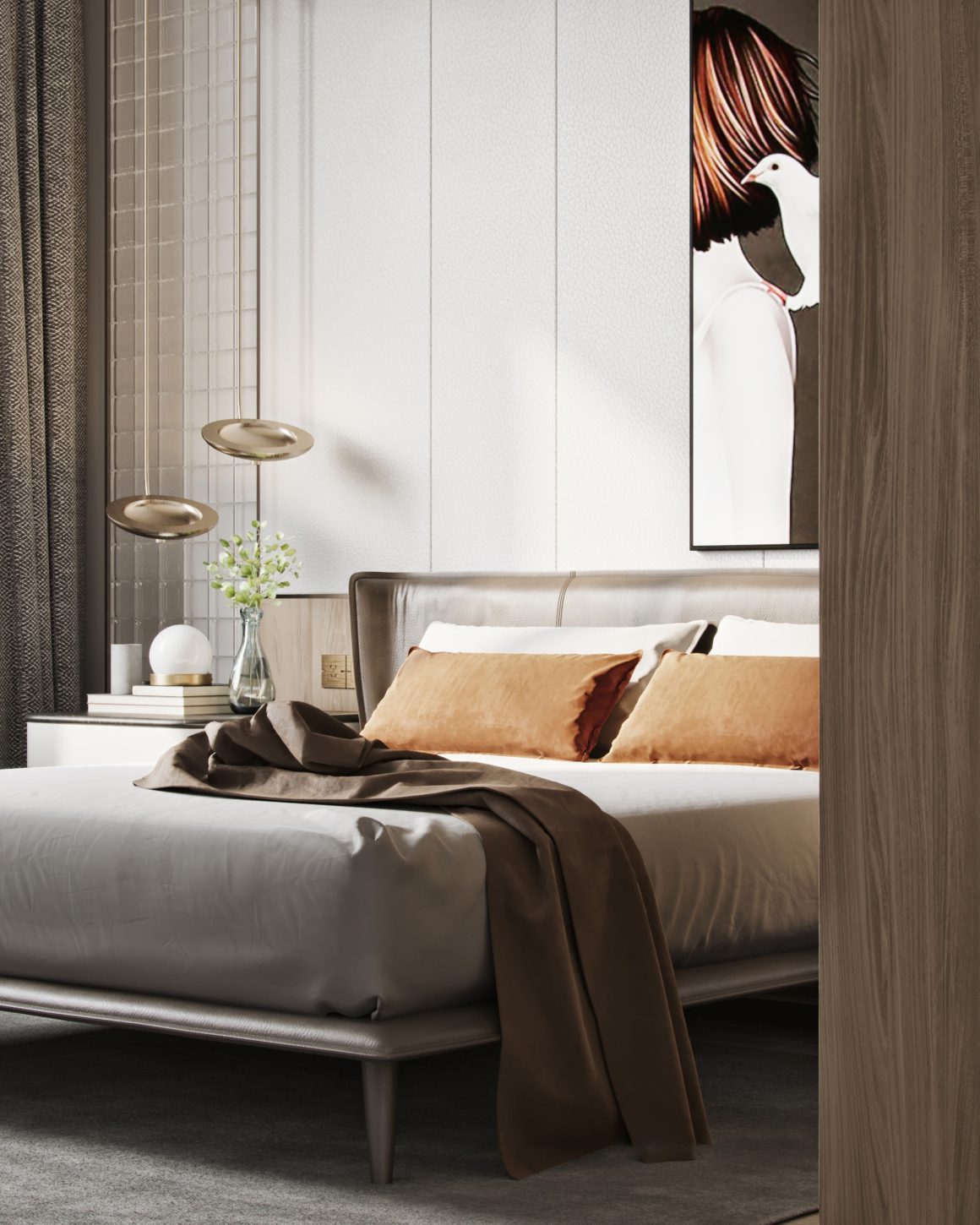 Chambre moderne et luxe avec lit douillet, draps gris, coussins orange, rideaux et œuvre d’art