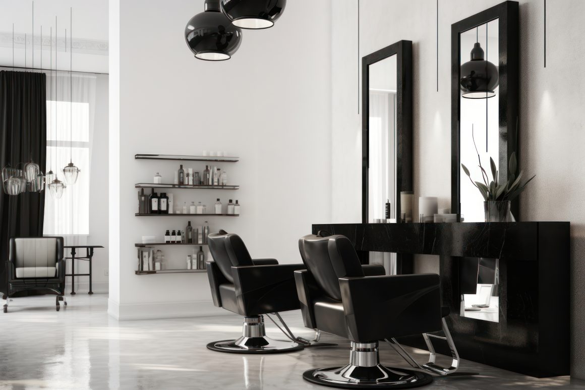 Salon de coiffure moderne et minimaliste avec fauteuils noirs, miroirs, étagères murales et éclairage chic
