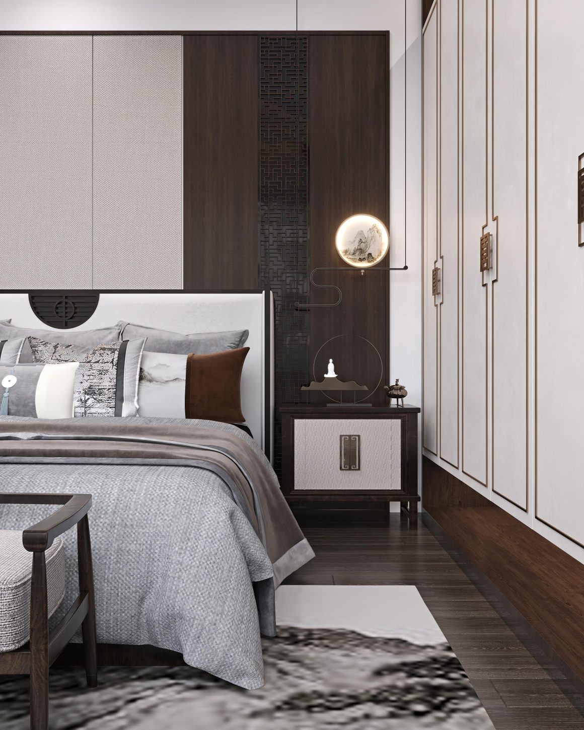 Déco chambre raffinée aux tons neutres avec mobilier bois sombre et éclairage doux