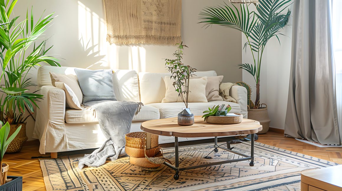 Décoration nature et zen d'un salon avec plantes, panier en osier, rideaux légers et tapis avec des motifs géométriques