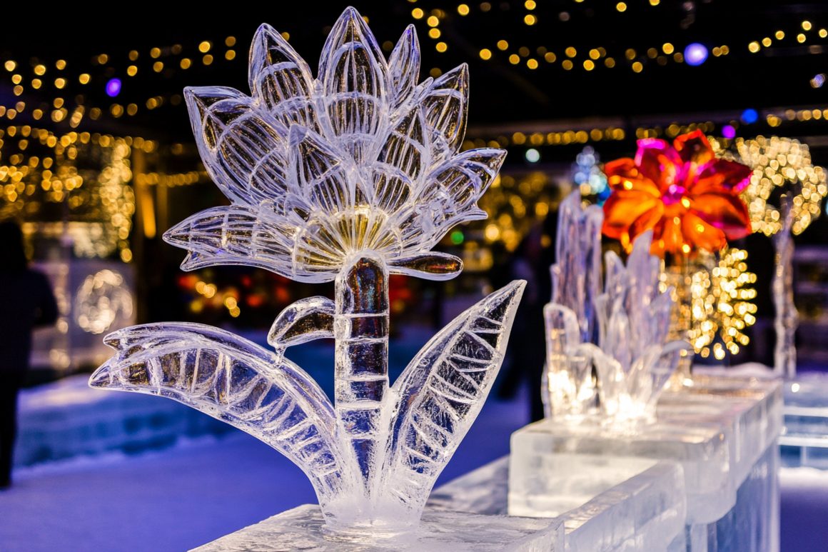Sculpture de glace délicate en forme de fleur éclairée