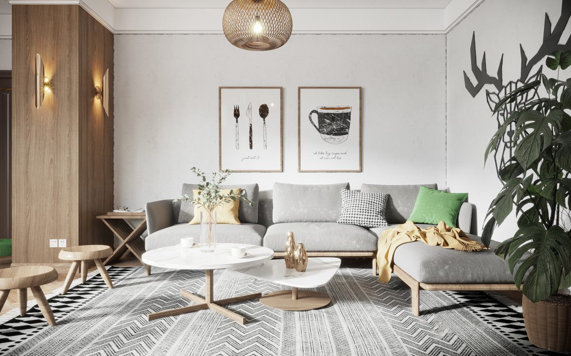 Salon incluant canapé gris, coussins verts et jaunes, meubles en bois, tapis aux motifs géométriques et plantes