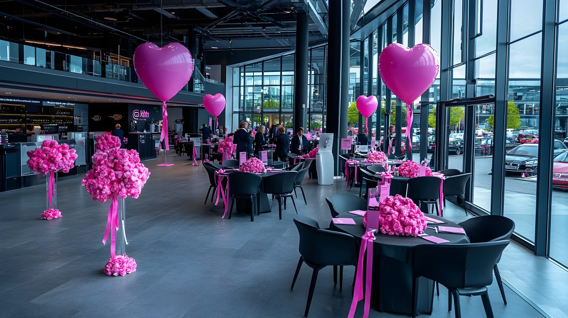 Grand espace moderne décoré en rose : ballons en forme de cœur, bouquets floraux et tables élégantes