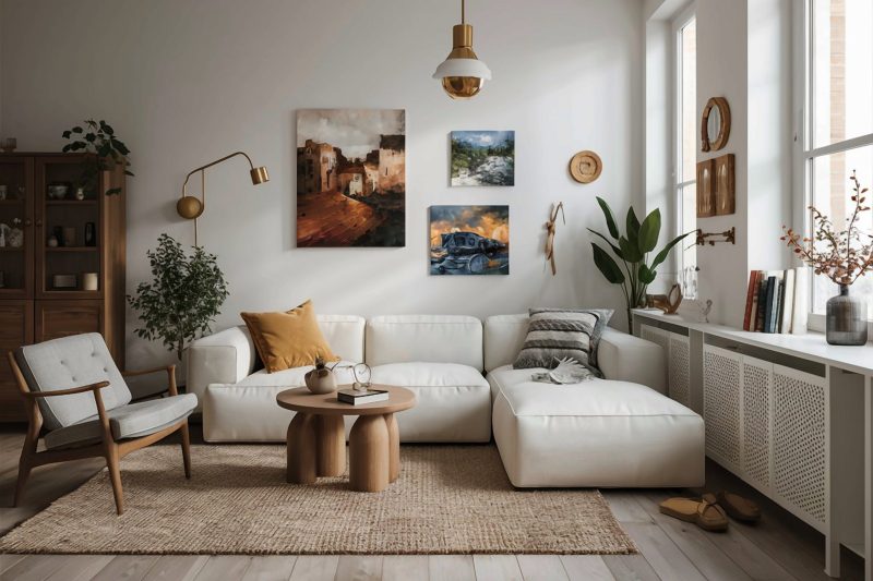 Décorer un salon scandinave aux tons neutres avec plantes, tableaux et tapis tissé.