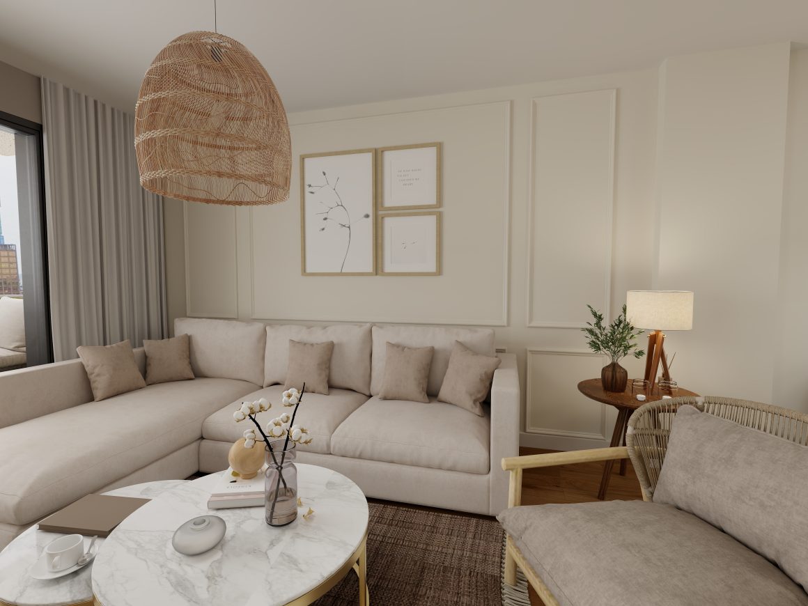 Déco d'un salon chaleureux aux tons neutres avec canapé d'angle, table basse en marbre et suspensions en rotin