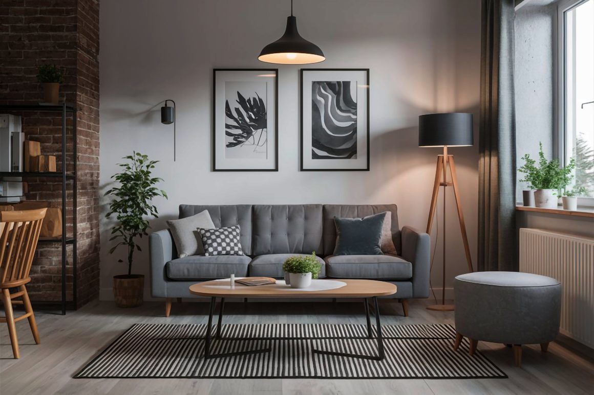 Un salon moderne inclut un canapé gris, table basse en bois, tableaux, tapis, plantes et éclairage doux