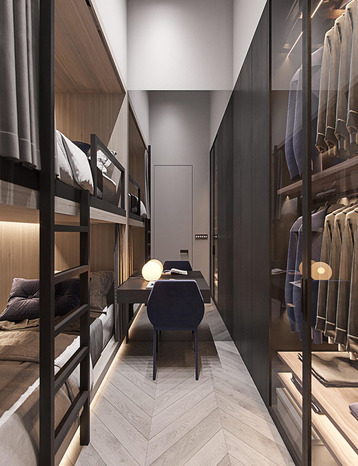Chambre étroite avec lits superposés, rangements vitrés, bureau central et éclairage doux