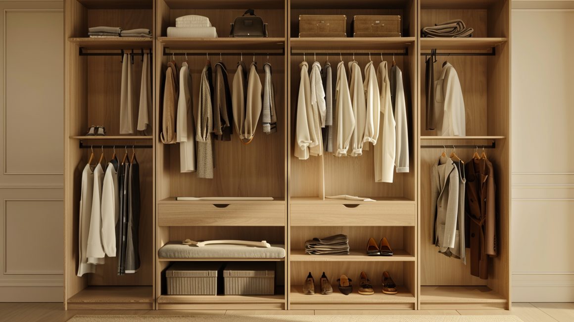 Armoire dressing en bois clair avec rangement organisé, penderies, tiroirs, étagères et casiers.