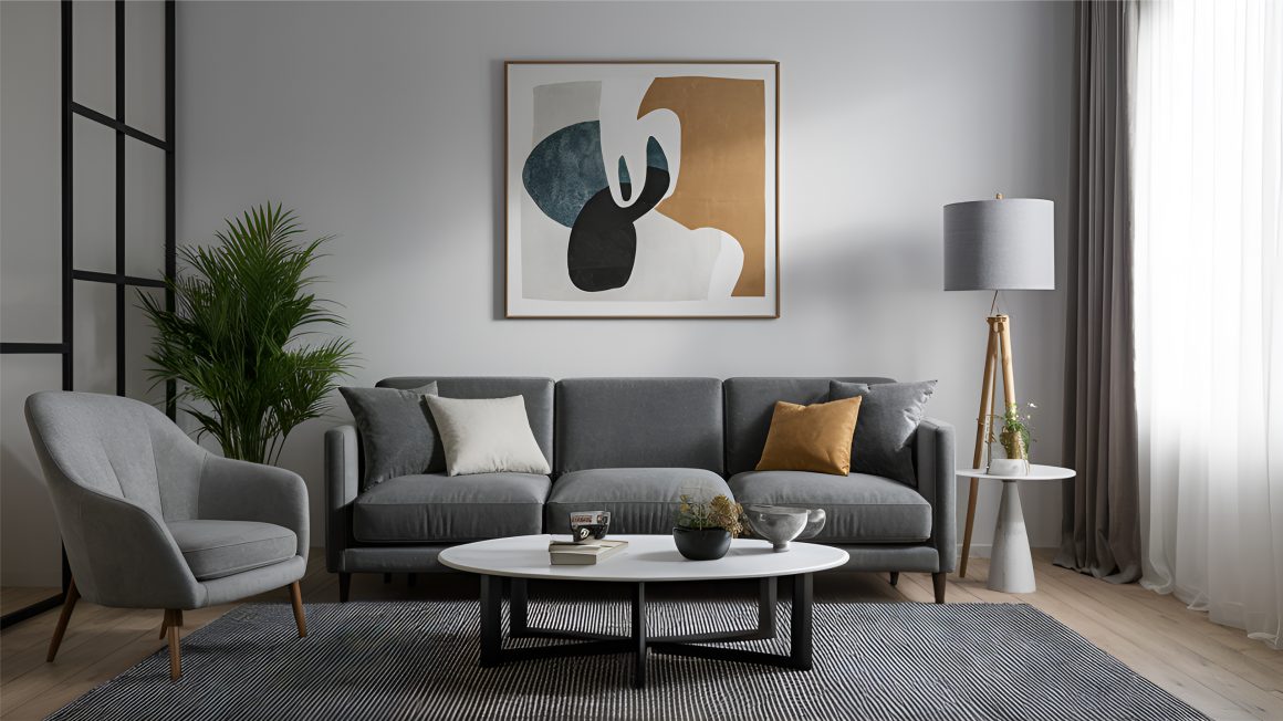 Canapé gris, fauteuil, table basse blanche, tapis rayé, lampe sur trépied, plantes et tableau abstrait dans un salon moderne