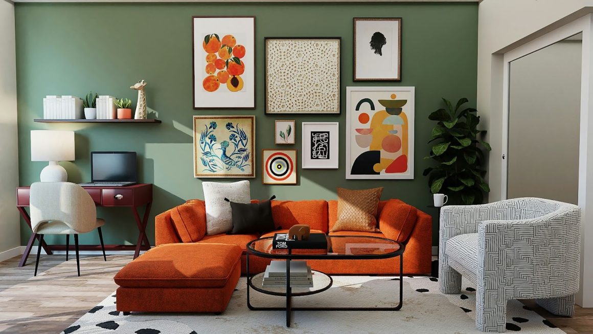 Salon incluant mur vert, canapé orange, muraille d'œuvres d'art, fauteuils géométriques, plantes et tapis clair.