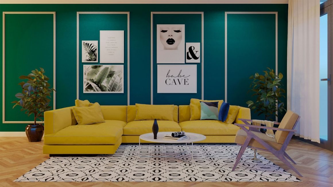 Salon avec mur vert profond, canapé jaune, tapis graphique, plantes, fauteuil en bois et table basse