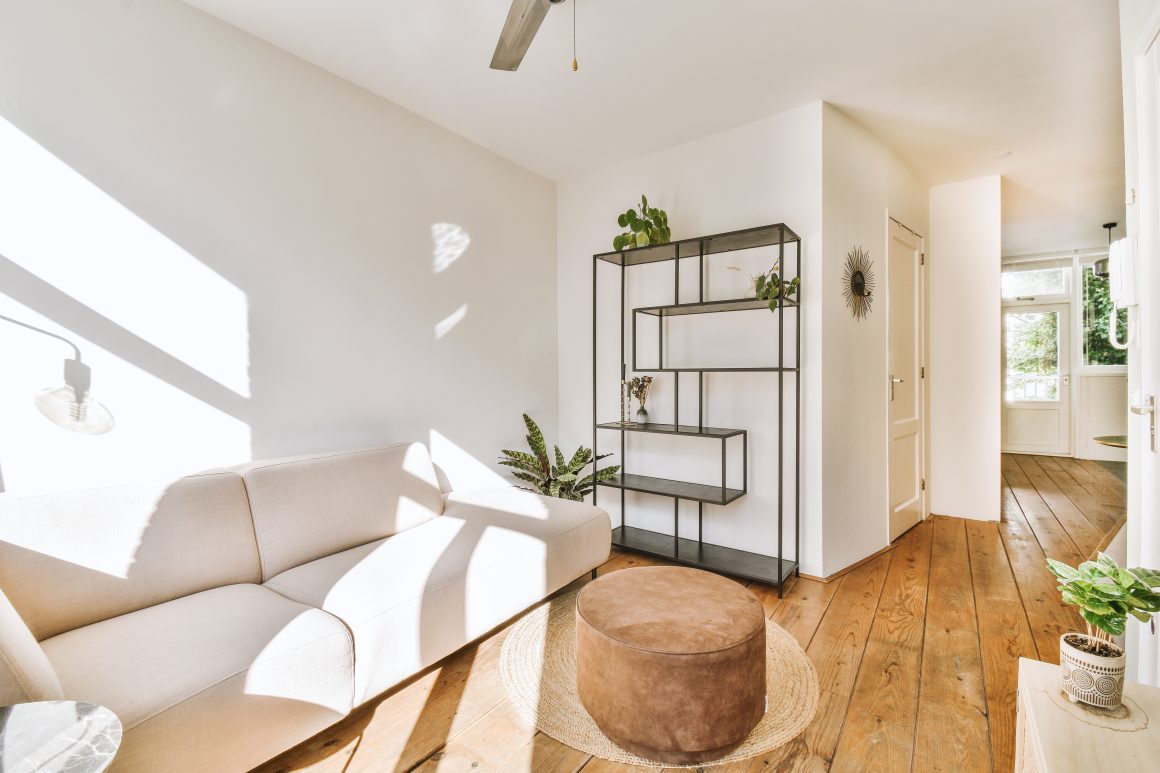 Salon lumineux avec canapé beige, étagère métallique, pouf rond, plantes et lumière naturelle